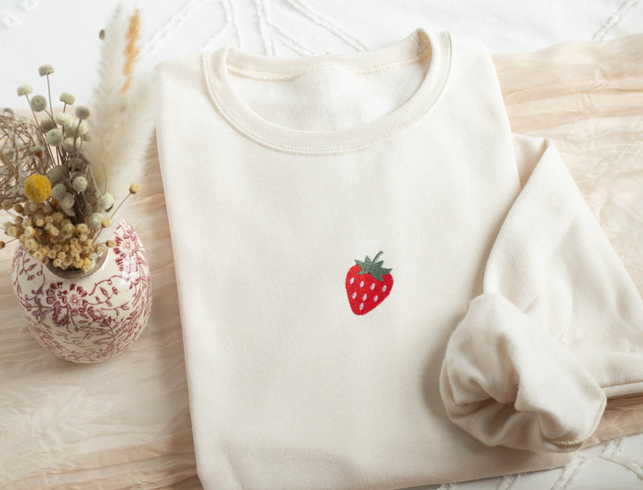 Embroidered Strawberry Sweatshirt, Embroidered Strawberry Crewneck, Cute Sweatshirts for Women, Trendy Crewneck, Foodie Gifts, STRA-C-97