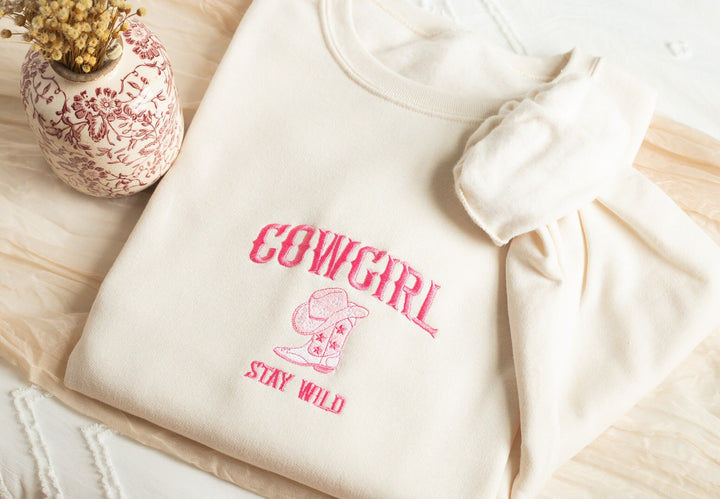 Embroidered Cowgirl Sweatshirt, Embroidered Stay Wild Sweatshirt, Cute Sweatshirts for Women, Trendy Crewneck, Bachelorette Party WILD-C-196