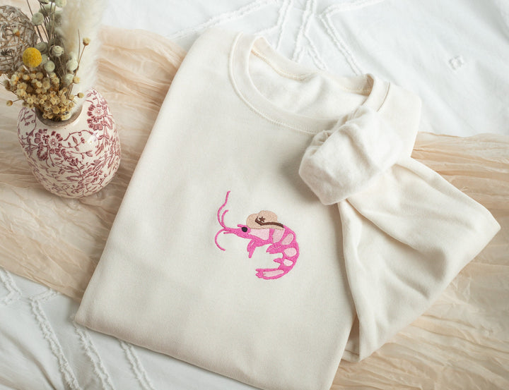 Embroidered Shrimp Sheriff Sweatshirt, Embroidered Shrimp Sweatshirt, Cute Sweatshirts for Women, Cowboy Shrimp Sweatshirt, SHR-C-97