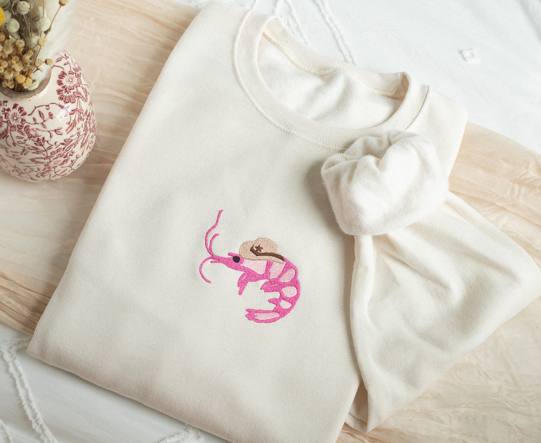 Embroidered Shrimp Sheriff Sweatshirt, Embroidered Shrimp Sweatshirt, Cute Sweatshirts for Women, Cowboy Shrimp Sweatshirt, SHR-C-97