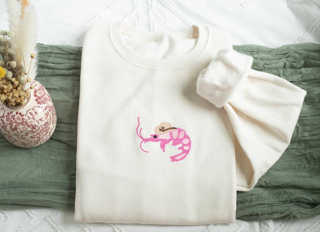 Embroidered Shrimp Sheriff Sweatshirt, Embroidered Shrimp Sweatshirt, Cute Sweatshirts for Women, Cowboy Shrimp Sweatshirt, SHR-C-97