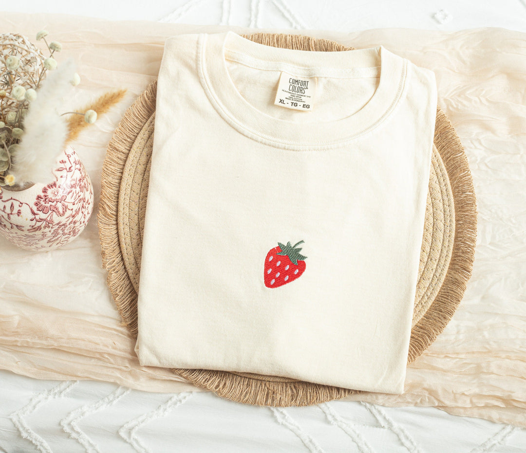 Embroidered Strawberry Tshirt, Embroidered Fruit tshirt, Embroidered Summer Tshirt, Embroidered Shirt, Trendy Tshirts for Women, STRA-C-97