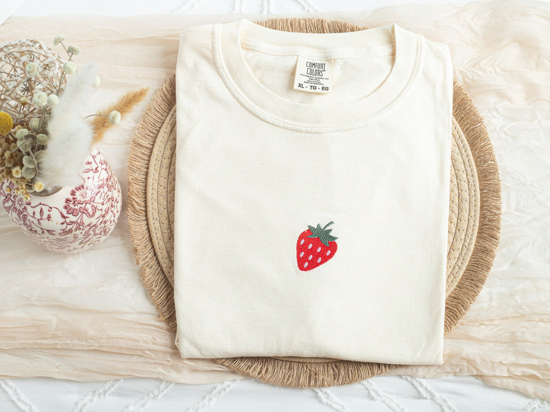 Embroidered Strawberry Tshirt, Embroidered Fruit tshirt, Embroidered Summer Tshirt, Embroidered Shirt, Trendy Tshirts for Women, STRA-C-97