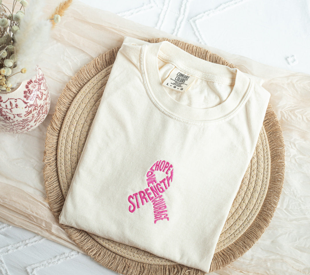 Embroidered Pink Ribbon Tshirt, Embroidered Cancer Awareness Tshirt for Women, Embroidered, Breast Cancer Awareness Tshirt, RIBB-C-97