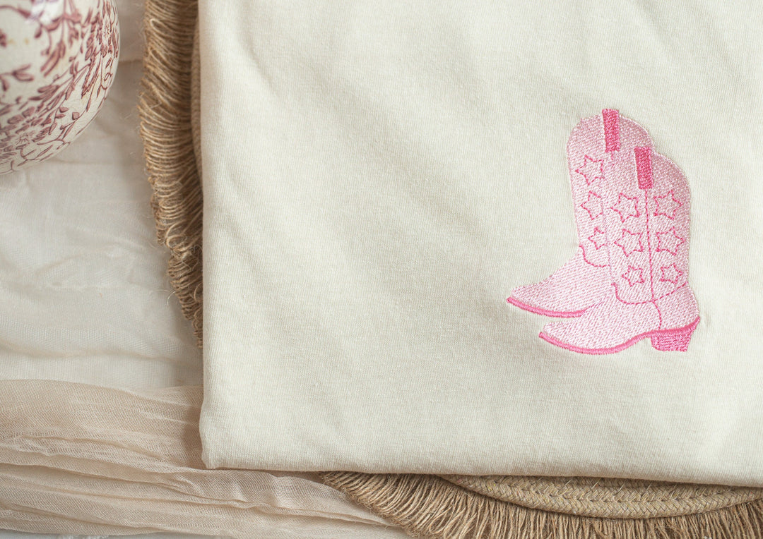 Embroidered Pink 2 Cowboy BootS Comfort Colors® Tshirt, Embroidered Cowgirl Tshirt Women, Embroidered, Bachelorette Party Tshirt TWOCOW-C-97