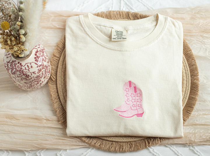 Embroidered Pink 2 Cowboy BootS Comfort Colors® Tshirt, Embroidered Cowgirl Tshirt Women, Embroidered, Bachelorette Party Tshirt TWOCOW-C-97