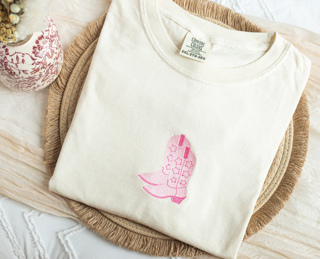 Embroidered Pink 2 Cowboy BootS Comfort Colors® Tshirt, Embroidered Cowgirl Tshirt Women, Embroidered, Bachelorette Party Tshirt TWOCOW-C-97