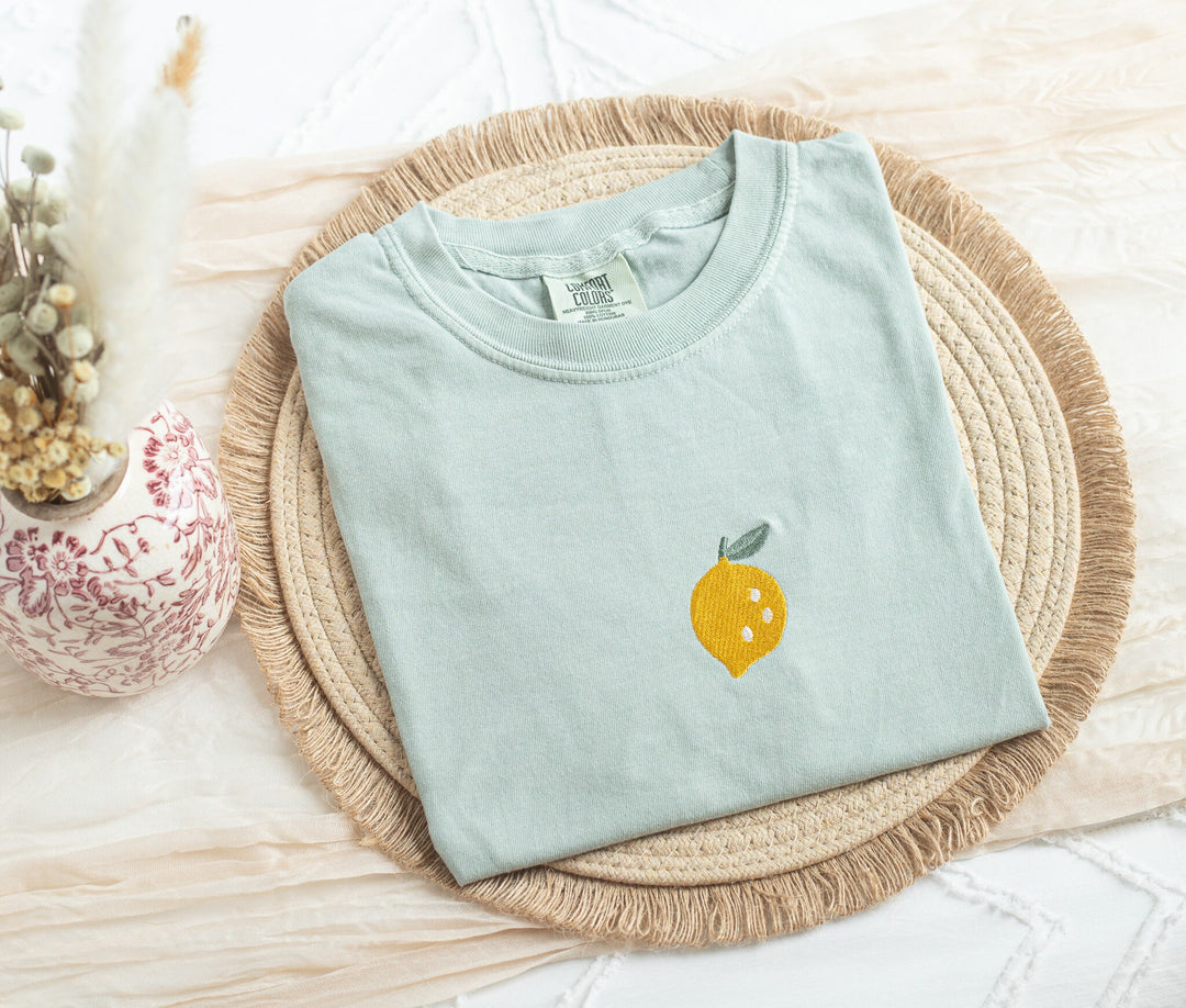 Embroidered Lemon Comfort Colors® Tshirt, Embroidered Lemon Tshirt for Women, Embroidered, Foodie Tshirt, Foodie Gifts, Cute Gifts, LEM-C-97