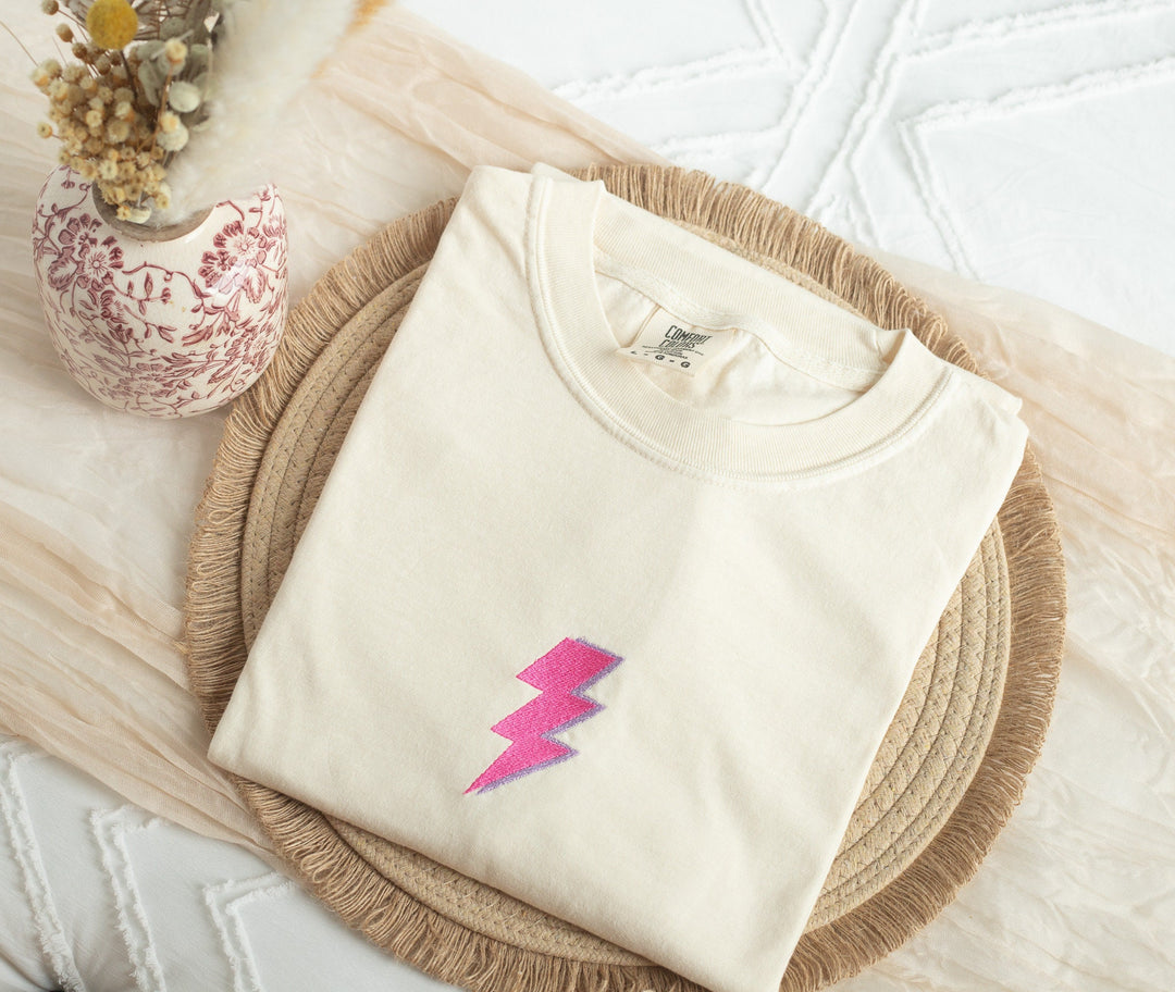 Embroidered Lightning Bolt Comfort Colors® Tshirt, Embroidered tshirt for Women, Embroidered Preppy Shirt, Embroidered Tshirt, LIGHB-C-97