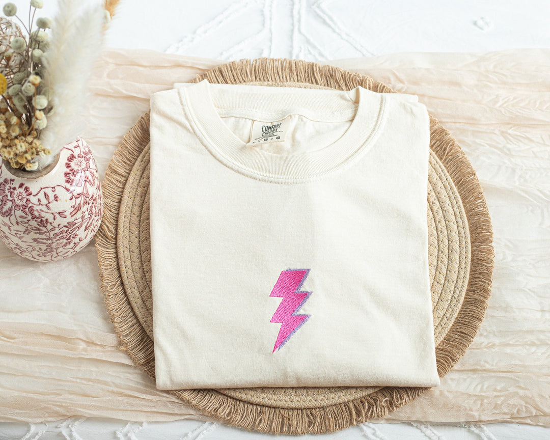 Embroidered Lightning Bolt Comfort Colors® Tshirt, Embroidered tshirt for Women, Embroidered Preppy Shirt, Embroidered Tshirt, LIGHB-C-97