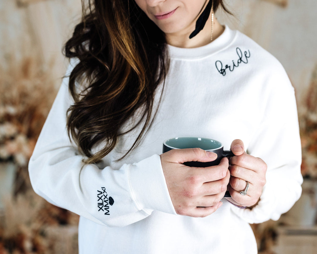 Custom Embroidered Collar and Sleeve Bride Sweatshirt, Personalized Gifts for Bride Bridal Party Gift Bridesmaid, Maid Honor Gift, BPN97C X