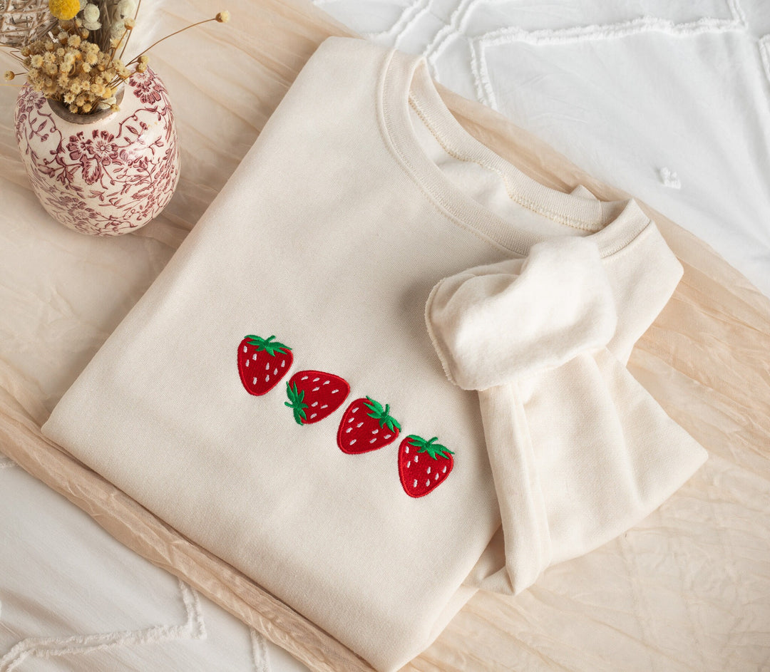 Embroidered Strawberry Sweatshirt, Four Strawberries Embroidered Crewneck, Cute Sweatshirts for Women, Trendy Crewneck, FOURS-C-196