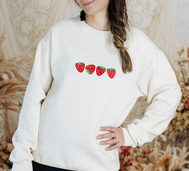 Embroidered Strawberry Sweatshirt, Four Strawberries Embroidered Crewneck, Cute Sweatshirts for Women, Trendy Crewneck, FOURS-C-196