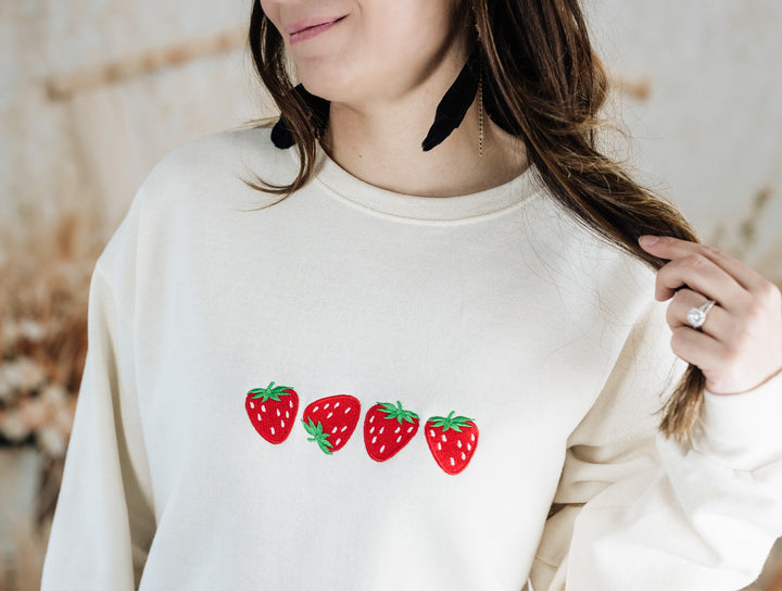 Embroidered Strawberry Sweatshirt, Four Strawberries Embroidered Crewneck, Cute Sweatshirts for Women, Trendy Crewneck, FOURS-C-196