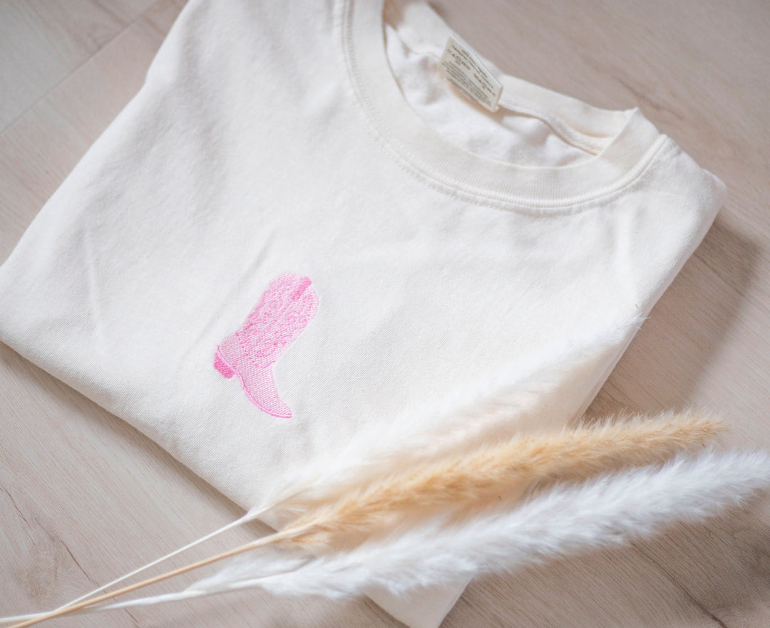 Embroidered Pink Cowboy Boot Tshirt, Embroidered tshirt, Embroidered Cowgirl Tshirt, Embroidered Shirt, Cow Girl Tshirt Boots COWBT-C-97