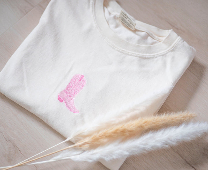 Embroidered Pink Cowboy Boot Tshirt, Embroidered tshirt, Embroidered Cowgirl Tshirt, Embroidered Shirt, Cow Girl Tshirt Boots COWBT-C-97