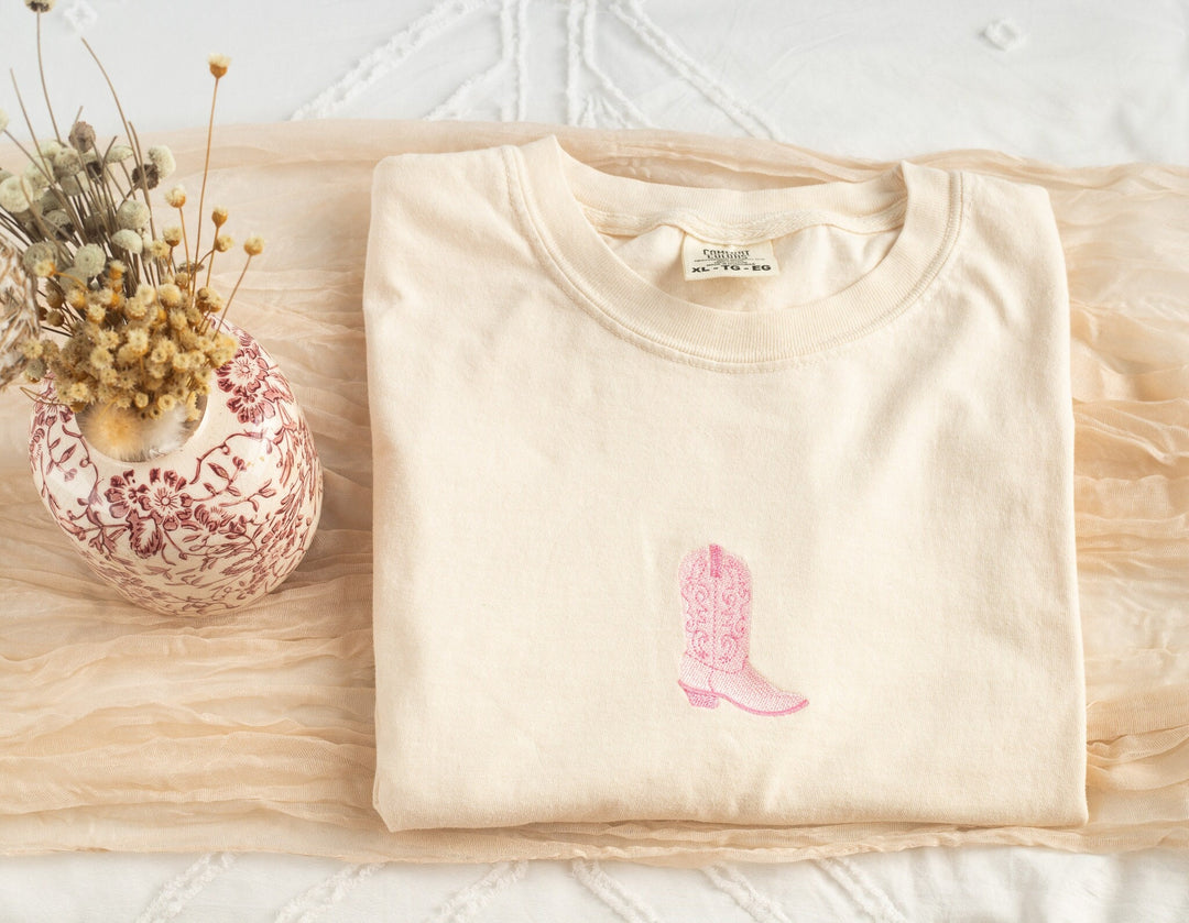Embroidered Pink Cowboy Boot Tshirt, Embroidered tshirt for Women, Embroidered Cowgirl Shirt, Cow Girl Tshirt, Cowbot Boots COWBT-C-97