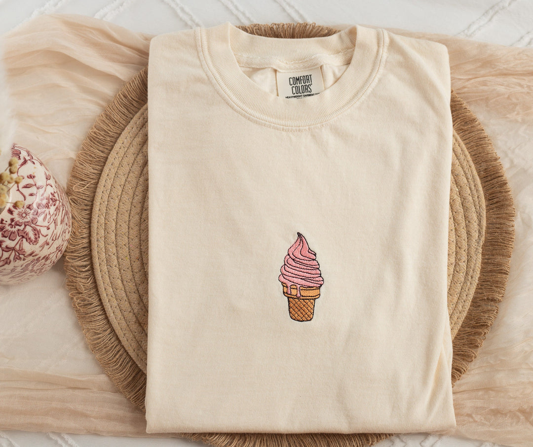 Embroidered Ice Cream Tshirt, Embroidered Cute Summer tshirt, Embroidered Summer Tshirt, Embroidered Comfort Colors Tshirt, ICEC-C-97
