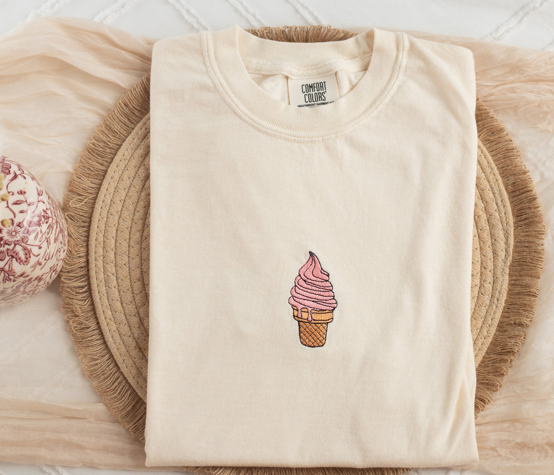 Embroidered Ice Cream Tshirt, Embroidered Cute Summer tshirt, Embroidered Summer Tshirt, Embroidered Comfort Colors Tshirt, ICEC-C-97