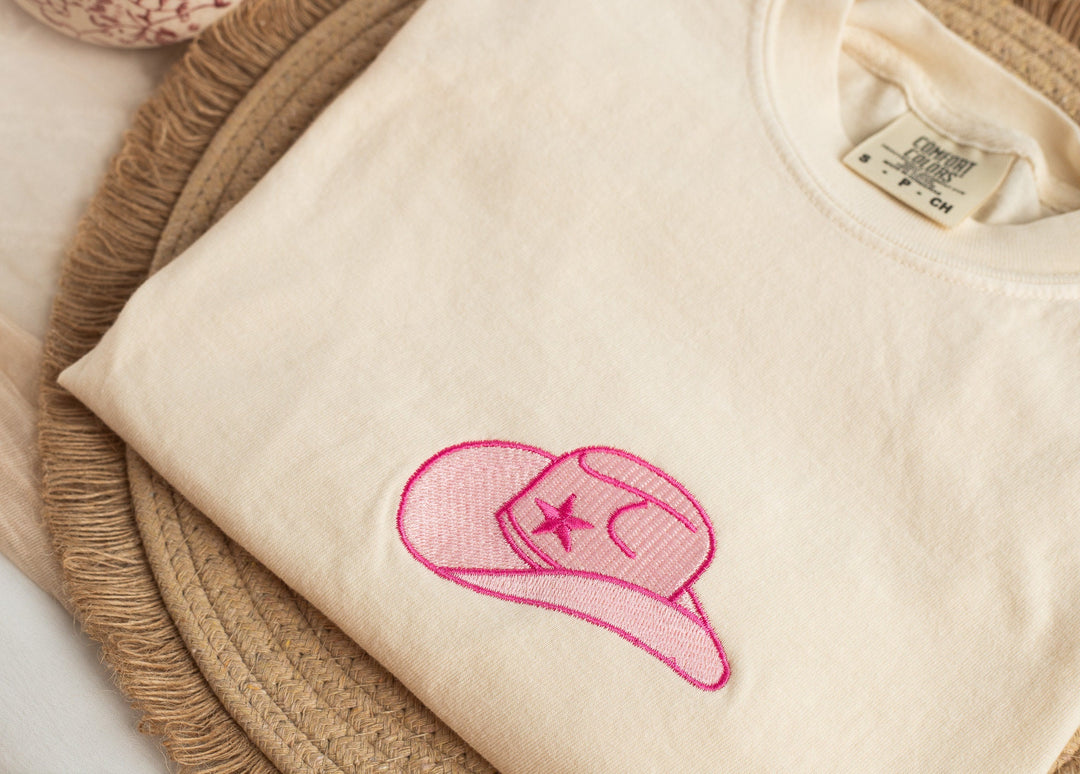 Embroidered Pink Cowboy Hat Comfort Colors® Tshirt, Embroidered Cowgirl Tshirt for Women, Embroidered, Bachelorette Party Tshirt HAT-C-97