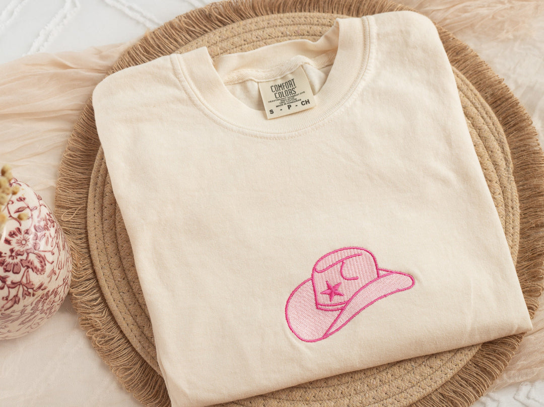 Embroidered Pink Cowboy Hat Comfort Colors® Tshirt, Embroidered Cowgirl Tshirt for Women, Embroidered, Bachelorette Party Tshirt HAT-C-97