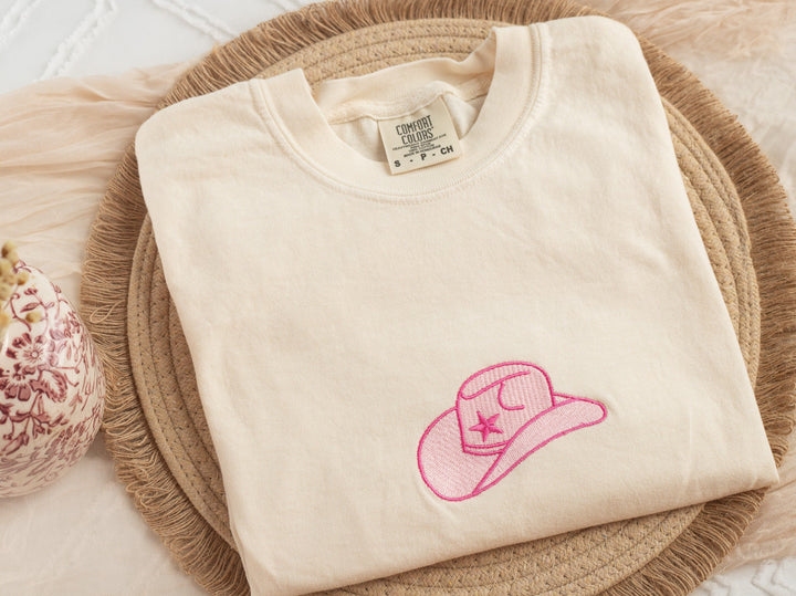 Embroidered Pink Cowboy Hat Comfort Colors® Tshirt, Embroidered Cowgirl Tshirt for Women, Embroidered, Bachelorette Party Tshirt HAT-C-97