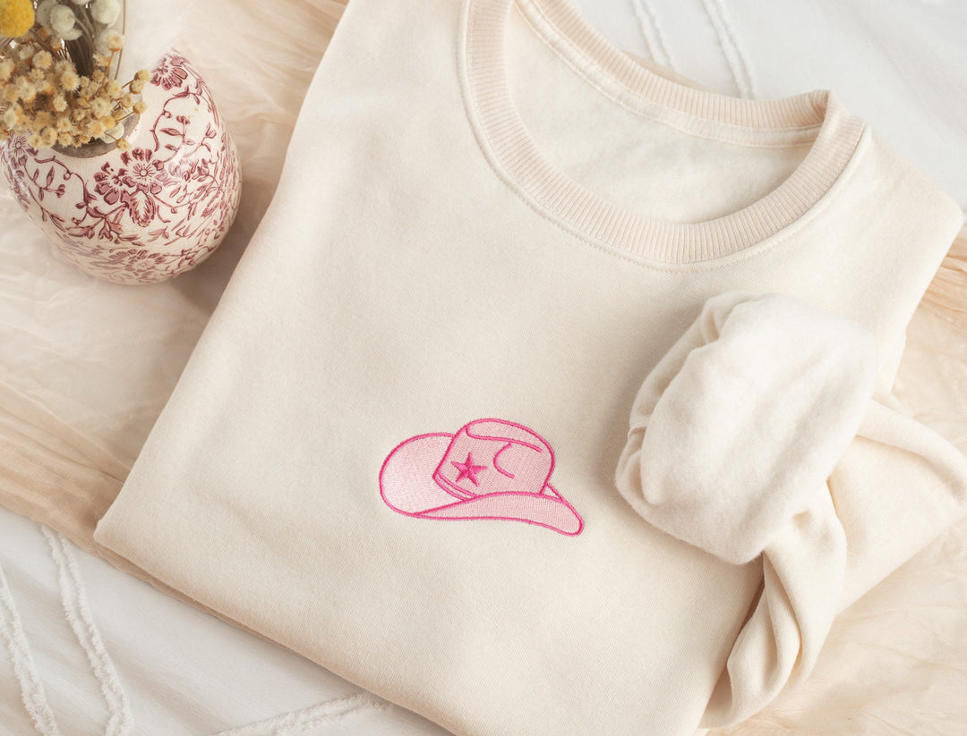Embroidered Pink Cowboy Hat Sweatshirt, Embroidered Cowgirl Sweatshirt, Funny Sweatshirt, Cowboy Hat Sweatshirt, Trendy Crewneck HAT-C-97