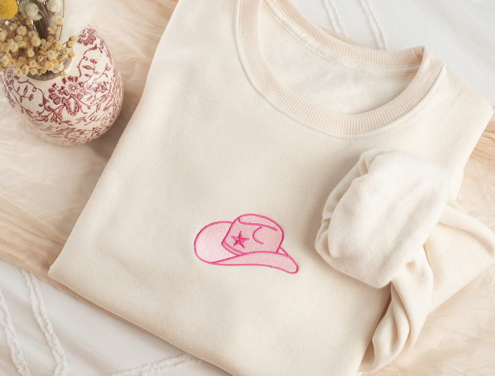 Embroidered Pink Cowboy Hat Sweatshirt, Embroidered Cowgirl Sweatshirt, Funny Sweatshirt, Cowboy Hat Sweatshirt, Trendy Crewneck HAT-C-97