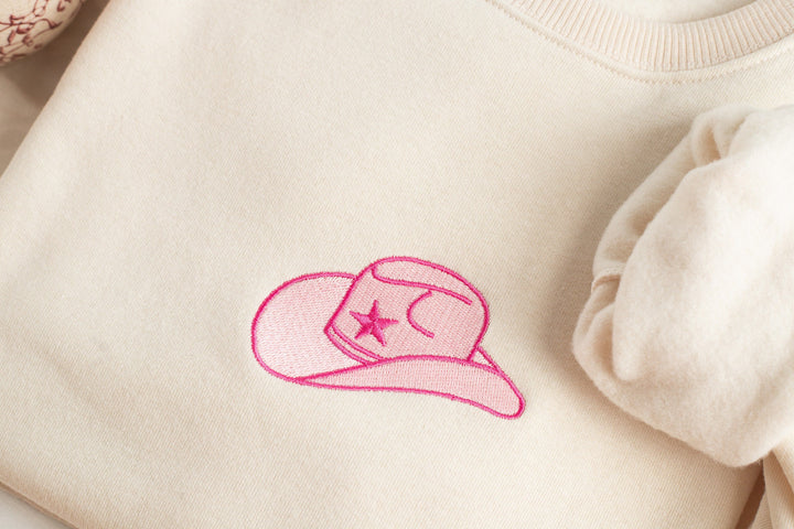 Embroidered Pink Cowboy Hat Sweatshirt, Embroidered Cowgirl Sweatshirt, Funny Sweatshirt, Cowboy Hat Sweatshirt, Trendy Crewneck HAT-C-97