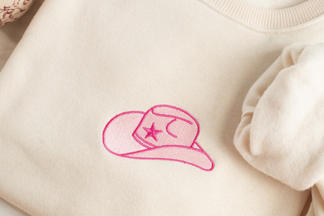 Embroidered Pink Cowboy Hat Sweatshirt, Embroidered Cowgirl Sweatshirt, Funny Sweatshirt, Cowboy Hat Sweatshirt, Trendy Crewneck HAT-C-97
