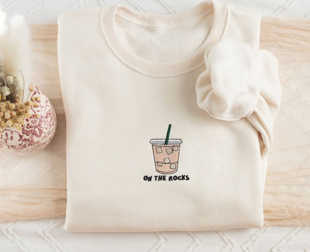 Embroidered On The Rocks Iced Coffee Sweatshirt, Embroidered Iced Coffee Crewneck, Gifts for Coffee Lover, Coffee Sweatshirt, ROCKS-C-97