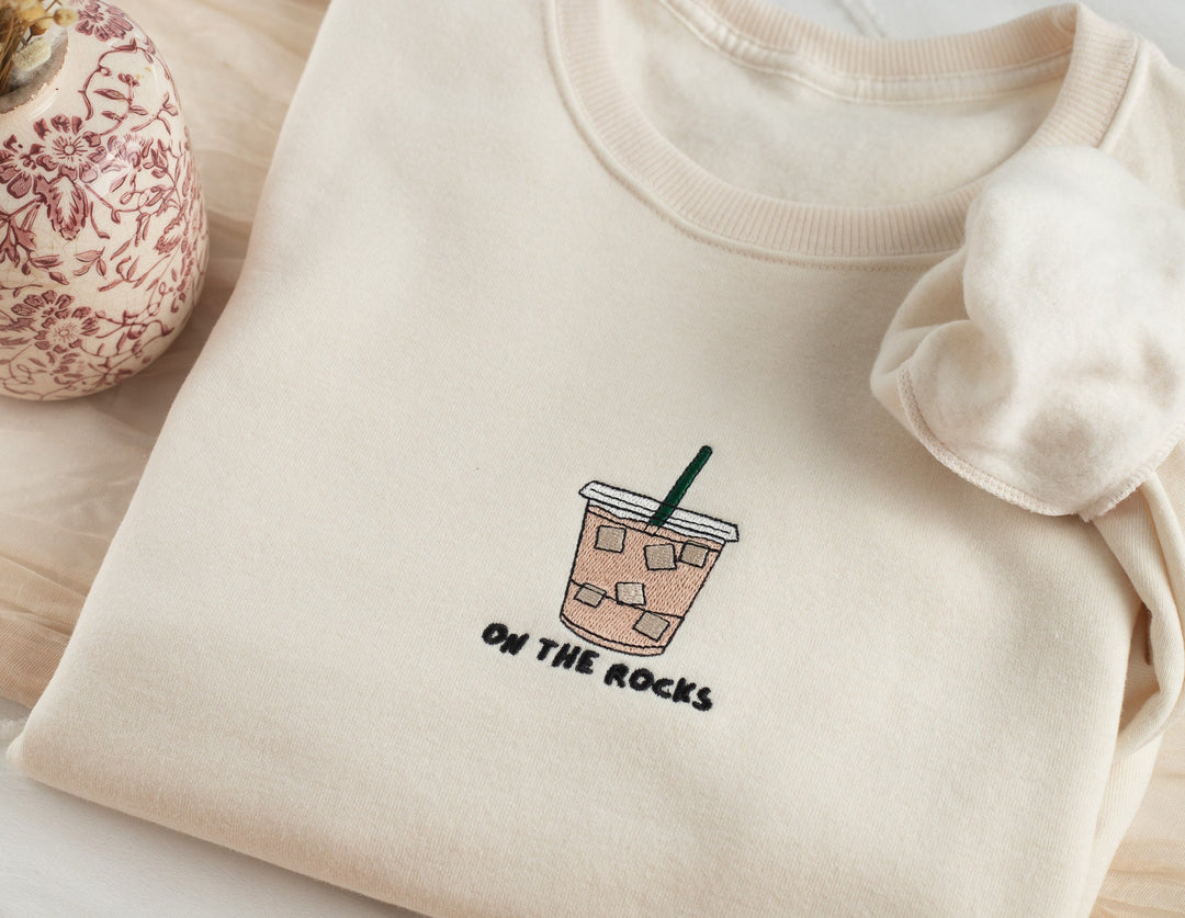 Embroidered On The Rocks Iced Coffee Sweatshirt, Embroidered Iced Coffee Crewneck, Gifts for Coffee Lover, Coffee Sweatshirt, ROCKS-C-97