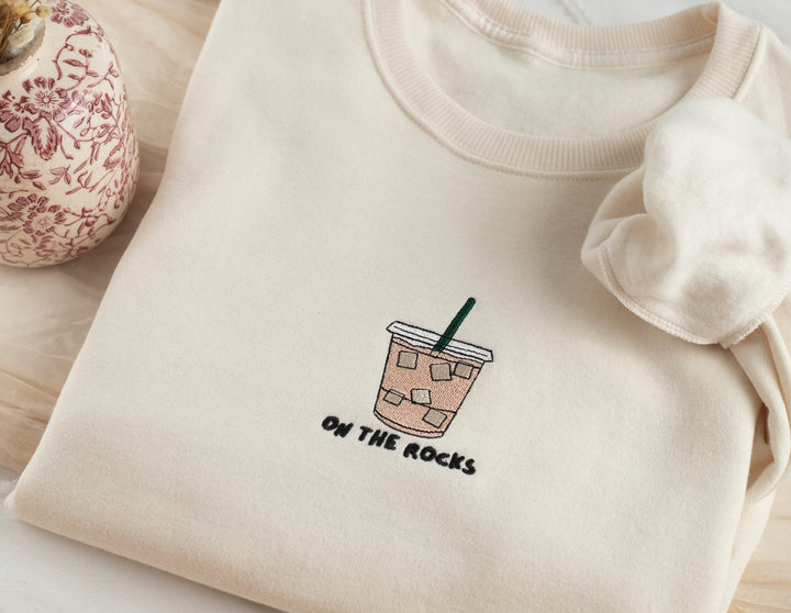 Embroidered On The Rocks Iced Coffee Sweatshirt, Embroidered Iced Coffee Crewneck, Gifts for Coffee Lover, Coffee Sweatshirt, ROCKS-C-97