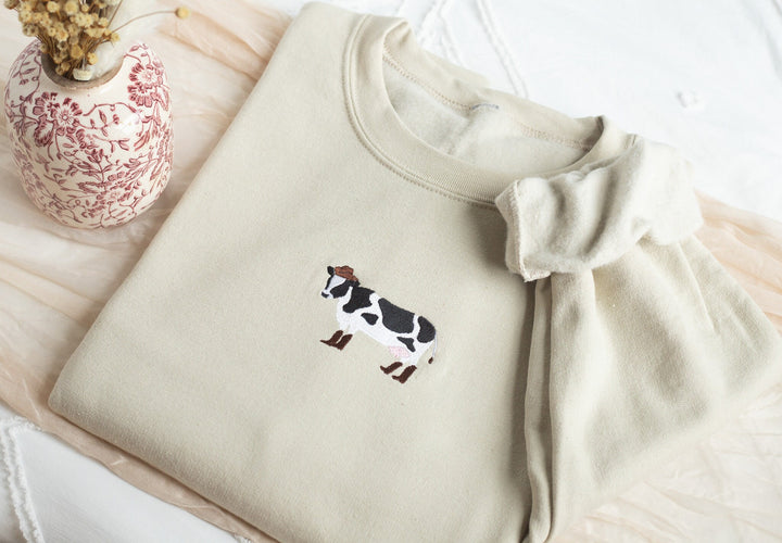 Embroidered Cow in Boots Sweatshirt, Embroidered Cow Heart Sweatshirt, Cute Sweatshirts for Women & Men, Trendy Crewneck, COWINB-C-97