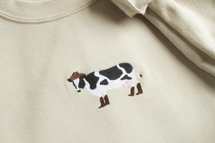 Embroidered Cow in Boots Sweatshirt, Embroidered Cow Heart Sweatshirt, Cute Sweatshirts for Women & Men, Trendy Crewneck, COWINB-C-97