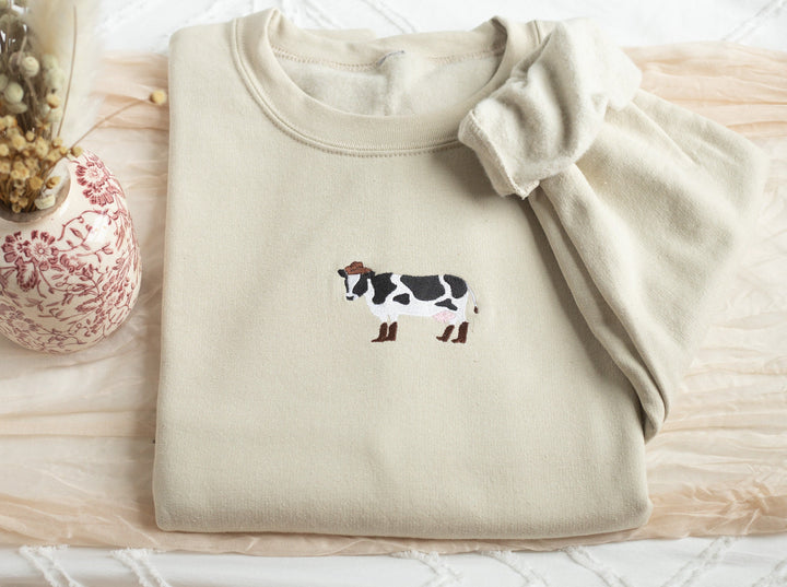 Embroidered Cow in Boots Sweatshirt, Embroidered Cow Heart Sweatshirt, Cute Sweatshirts for Women & Men, Trendy Crewneck, COWINB-C-97
