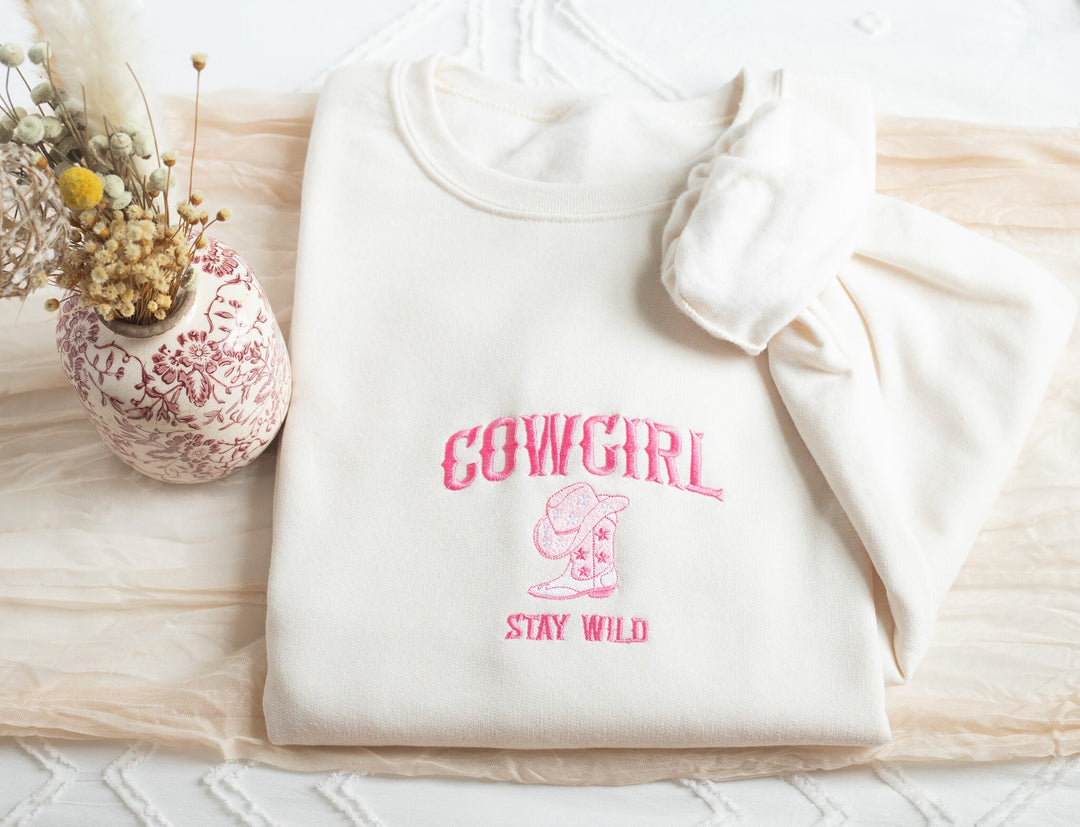 Embroidered Cowgirl Sweatshirt, Embroidered Stay Wild Sweatshirt, Cute Sweatshirts for Women, Trendy Crewneck, Bachelorette Party WILD-C-196