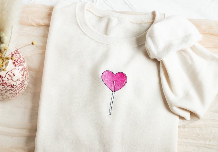 Embroidered Heart Lollipop Sweatshirt, Embroidered Cute Sweatshirt, Cute Sweatshirts Women, Trendy Crewneck, Preppy Sweatshirt, HELO-C-97