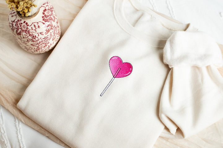 Embroidered Heart Lollipop Sweatshirt, Embroidered Cute Sweatshirt, Cute Sweatshirts Women, Trendy Crewneck, Preppy Sweatshirt, HELO-C-97