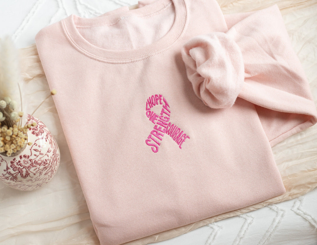 Embroidered Breast Cancer Awareness Sweatshirt, Embroidered Pink Ribbon Sweatshirt, Hope Strength Sweatshirt, Motivational RIBB-C-97