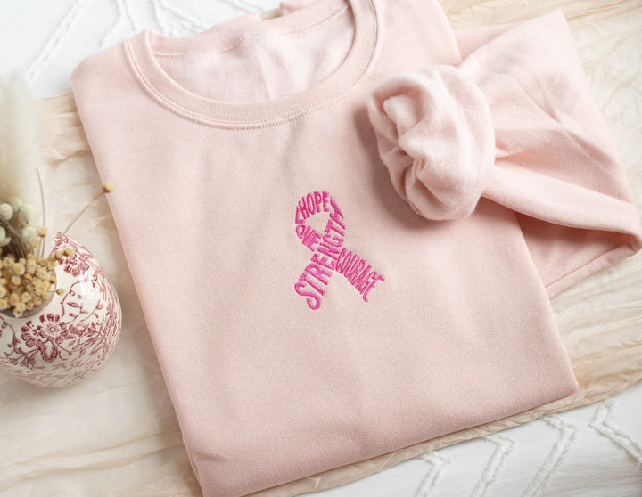 Embroidered Breast Cancer Awareness Sweatshirt, Embroidered Pink Ribbon Sweatshirt, Hope Strength Sweatshirt, Motivational RIBB-C-97