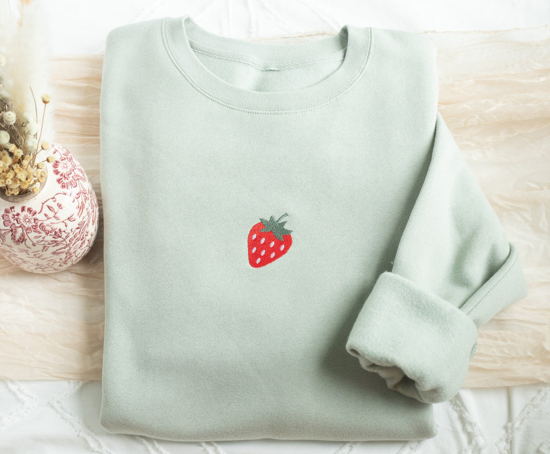 Embroidered Strawberry Sweatshirt, Embroidered Strawberry Crewneck, Cute Sweatshirts for Women, Trendy Crewneck, Foodie Gifts, STRA-C-97