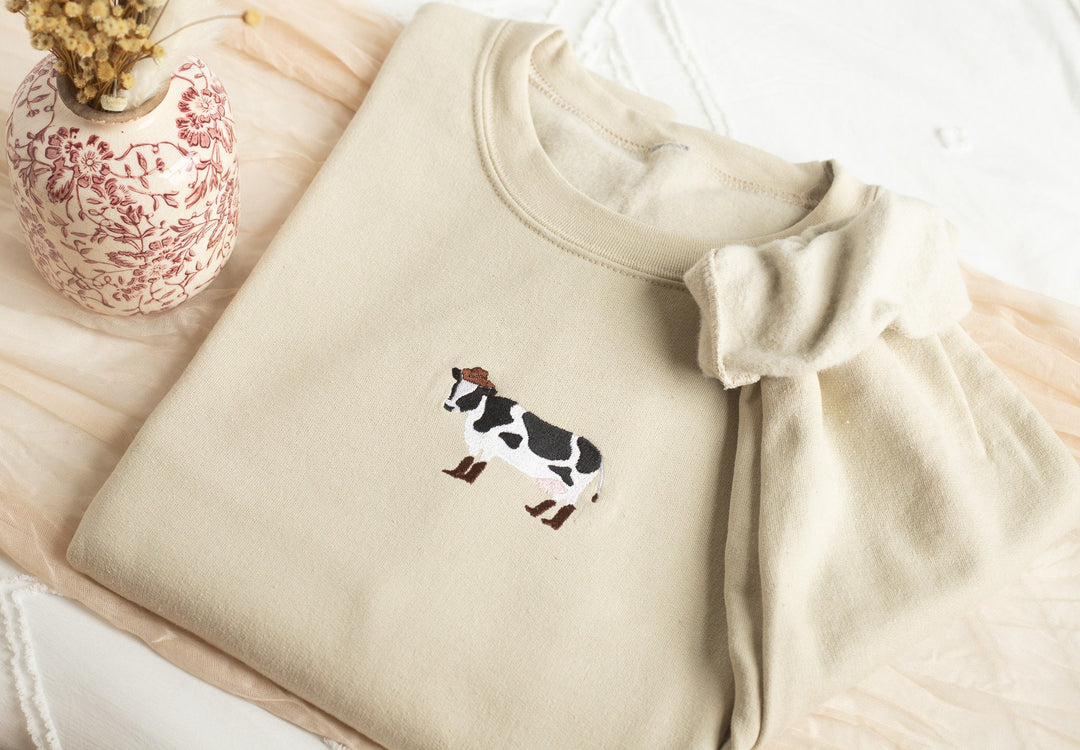 Embroidered Cow in Boots Sweatshirt, Embroidered Cow Heart Sweatshirt, Cute Sweatshirts for Women & Men, Trendy Crewneck, COWINB-C-97