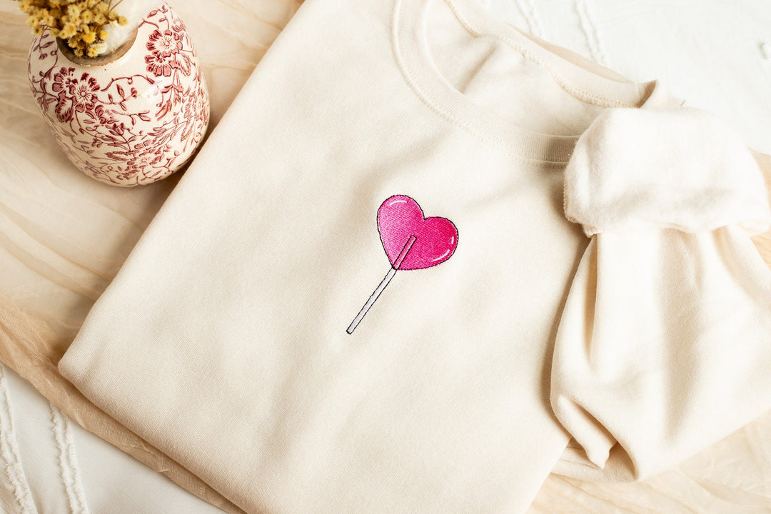 Embroidered Heart Lollipop Sweatshirt, Embroidered Cute Sweatshirt, Cute Sweatshirts Women, Trendy Crewneck, Preppy Sweatshirt, HELO-C-97