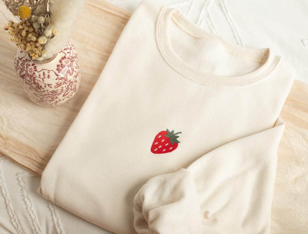 Embroidered Strawberry Sweatshirt, Embroidered Strawberry Crewneck, Cute Sweatshirts for Women, Trendy Crewneck, Foodie Gifts, STRA-C-97
