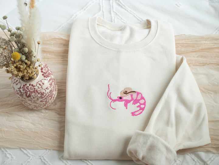 Embroidered Shrimp Sheriff Sweatshirt, Embroidered Shrimp Sweatshirt, Cute Sweatshirts for Women, Cowboy Shrimp Sweatshirt, SHR-C-97