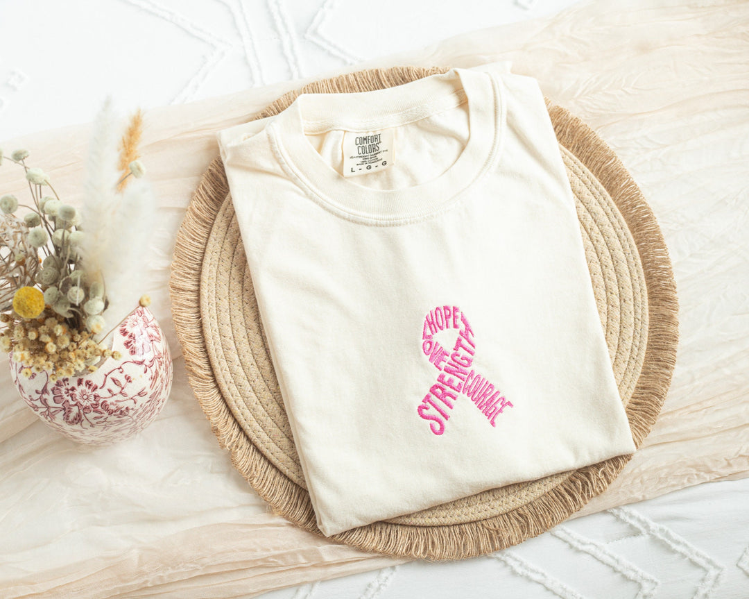 Embroidered Pink Ribbon Tshirt, Embroidered Cancer Awareness Tshirt for Women, Embroidered, Breast Cancer Awareness Tshirt, RIBB-C-97