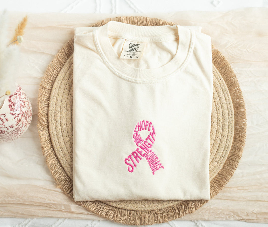 Embroidered Pink Ribbon Tshirt, Embroidered Cancer Awareness Tshirt for Women, Embroidered, Breast Cancer Awareness Tshirt, RIBB-C-97