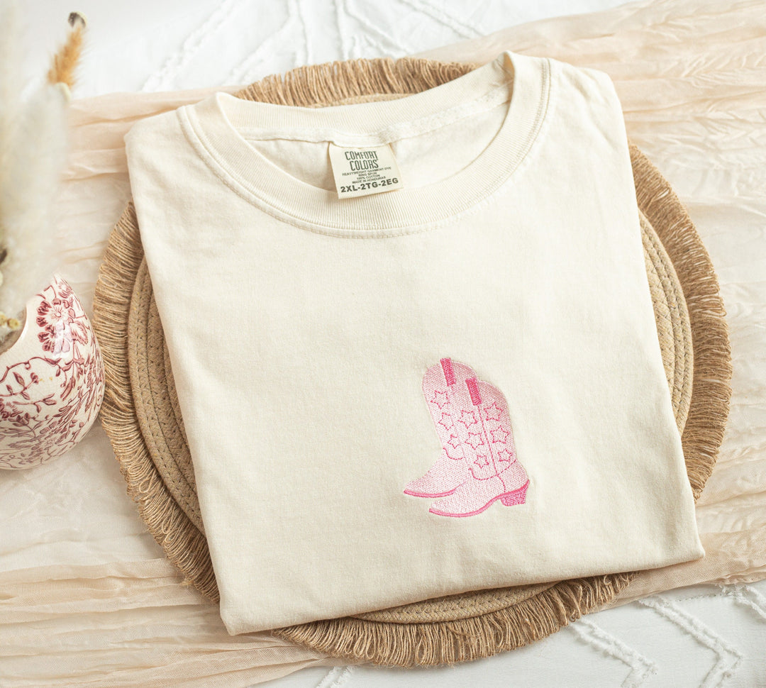Embroidered Pink 2 Cowboy BootS Comfort Colors® Tshirt, Embroidered Cowgirl Tshirt Women, Embroidered, Bachelorette Party Tshirt TWOCOW-C-97