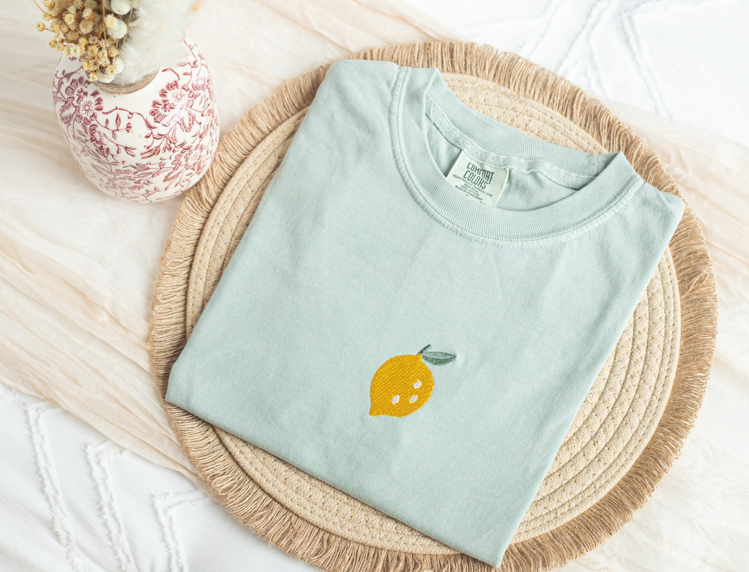Embroidered Lemon Comfort Colors® Tshirt, Embroidered Lemon Tshirt for Women, Embroidered, Foodie Tshirt, Foodie Gifts, Cute Gifts, LEM-C-97